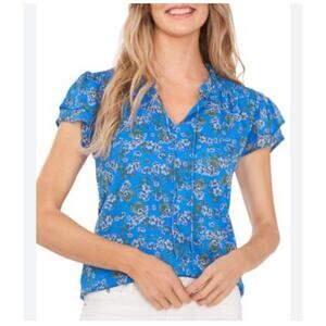 CECE Floral Print V Neck Smocked Blouse Size Small